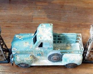 Melrose International Painted Distressed Metal Truck, 9.5" x 19" x 9", And Metal 15" Tall Oil Towers, Qty 2