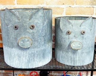Melrose International Galvanized Metal Hog Face Planter Pots, Qty 2, 10" x 9" And 12" x 11.5"