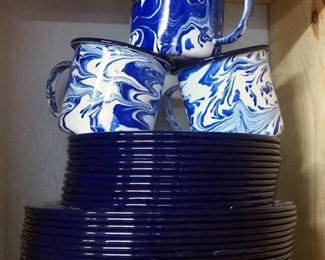 One Hundred 80 Degrees Marbled Enamelware Coffee Mugs, 10" And 12" Plates, Qty 11 Place Settings