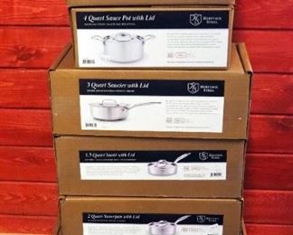 Heritage Steel 8.5" Fry Pan, 5 Qt Sauce Pot With Lid, 2, 4, And 5 Qt Sauce Pots With Lids, 3 Qt Saucier With Lid, 1.5 Qt Saute With Lid, 13.5" Skillet