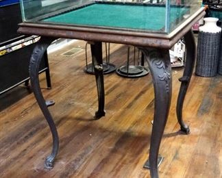 Antique Glass Top Display Table With Cast Iron Footed Cabriole Legs, 33.5" x 26" x 26"