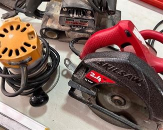 Skill Circular Saw, Craftsman Sander, and Black and Decker Router.