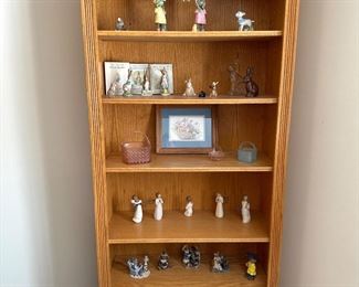 Book shelf, trinkets, Willow Tree, Beatriz Potter books and figurines