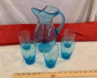 Blue Glass Pitcher And Glasses