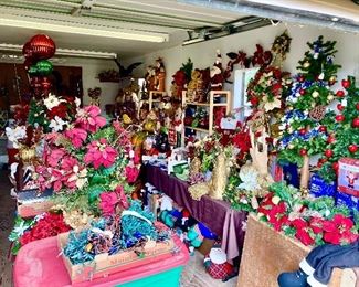 Packed workshop shed. Ful of Christmas and fall. Tools. 