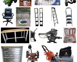 Rattan Couch & Loveseat, Maytag Washer & Dryer, CEN-TECH LCD Inspection Camera, Kobalt Portable Jobsite Table Saw, Craftsman Mechanics Rolling Tool Box, Seville Metal Storage Bin, Kenmore Standing Freezer, Rolling Tool Carts, Lasco Misto Outdoor Mister, Bi-Fold Ramps, Chainsaws, McGraw Portable Air Compressor, Etc. 