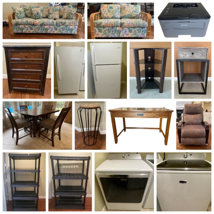 Rattan Couch & Loveseat, Maytag Washer & Dryer, CEN-TECH LCD Inspection Camera, Kobalt Portable Jobsite Table Saw, Craftsman Mechanics Rolling Tool Box, Seville Metal Storage Bin, Kenmore Standing Freezer, Rolling Tool Carts, Lasco Misto Outdoor Mister, Bi-Fold Ramps, Chainsaws, McGraw Portable Air Compressor, Etc. 