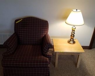 Broyhill plaid chair, end table and lamp