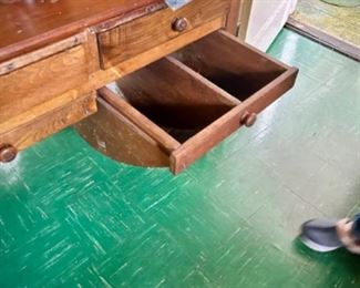 Antique hoosier (client referred to it as kitchen dresser) w/ 4 flat drawers, 2 metal flour drawers, 1 pullout drawer, and 2 cupboards with screens