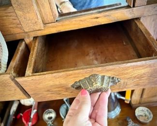 Antique hoosier (client referred to it as kitchen dresser) w/ 4 flat drawers, 2 metal flour drawers, 1 pullout drawer, and 2 cupboards with screens