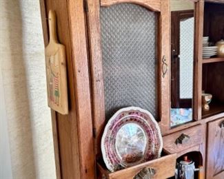 Antique hoosier (client referred to it as kitchen dresser) w/ 4 flat drawers, 2 metal flour drawers, 1 pullout drawer, and 2 cupboards with screens