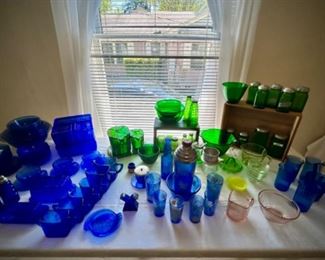 Blue and green depression glass
