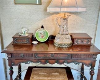 Antique writing desk and caned bench