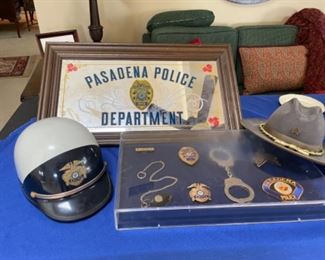 Obsolete vintage Police badges, helmet, hat, patches, etc
