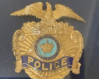 Obsolete vintage Police badges, helmet, hat, patches, etc
