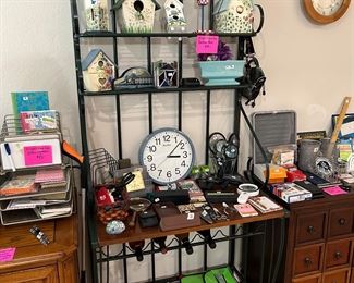 Bakers rack, bird houses, office supplies