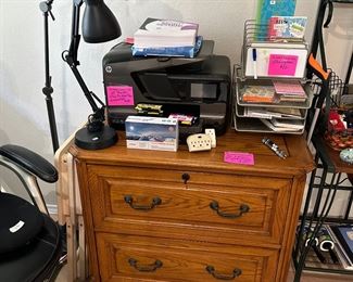 2 drawer filing cabinet with key, printer, lamps