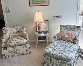 Vintage floral upholstered chaise lounge and oversized occasional chair 