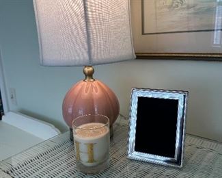 Pottery Barn lamp, Williams Sonoma monogram H candle
