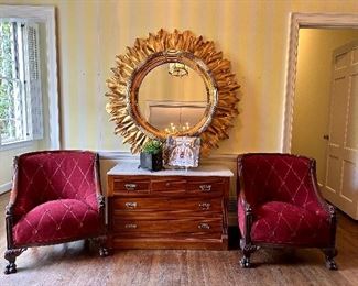 Stunning Sunburst Mirror, english antique chest of drawers and pair of luxurious French club chairs 