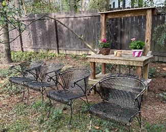 Outdoor gardening bench & wrought iron chairs, umbrella and other miscellaneous outdoor gardening items available