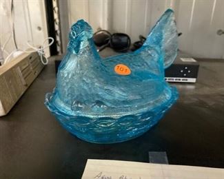 blue glass hen on nest 