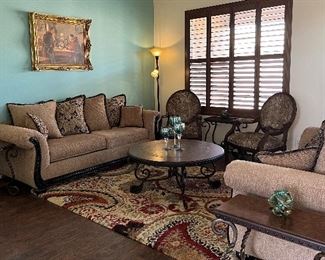 Rolled Arm Sofa and Loveseat , Area Rug Orian Crestview Bisque 7'9" x 11'6"  x 2 (FR and DR), Signature Design by Ashley Rafferty Ornate Round Coffee, End Tables, Table Lamps, Floor Lamp (Chairs and Art NOT INCLUDED)