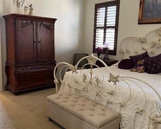 King Size Enameled Bed Frame, Dresser w Mirror and 2 Nightstands, Armoire, Art, Storage Trunk