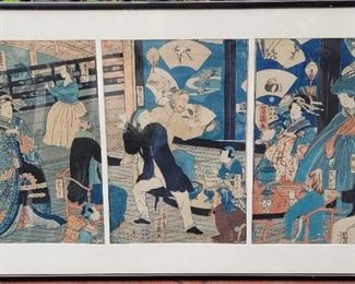 Yoshiiku Utagawa 3 panel woodblock ..The Five Nations, Gankiro Tea House