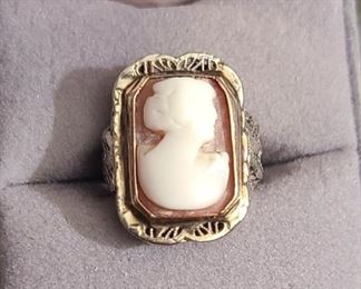 Antique 14k white gold filigree Cameo ring
