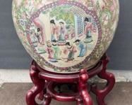 Chinese Porcelain Fish Bowl with Cherry Wood Stand from Bombay Company