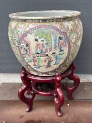 Chinese Porcelain Fish Bowl with Cherry Wood Stand from Bombay Company