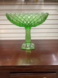 Green Trellis Depression Glass Pedestal Bowl 
