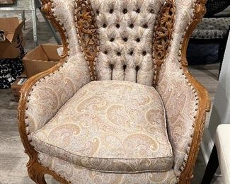 Vintage carved & tufted French style wing chair