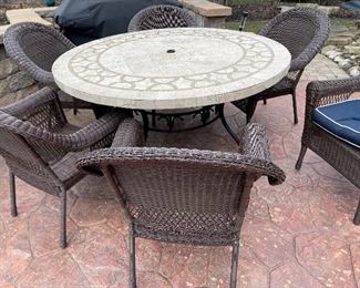 Marble top patio table & wicker chairs 