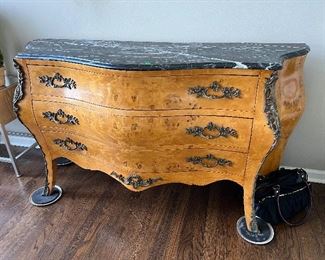 Antique Italian Burled Wood Bombe Chest Commode with Marble Top
