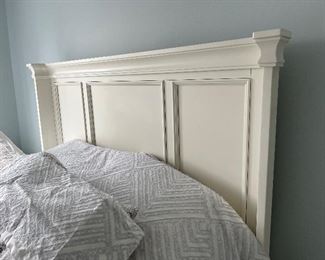 Queen bed with wooden headboard and frame (selling box springs, headboard, and frame (mattress is slightly stained)