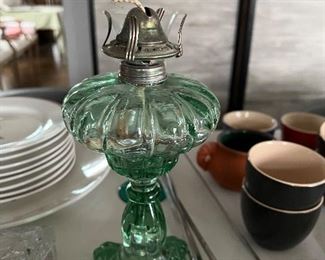 Vintage green glass oil lamp