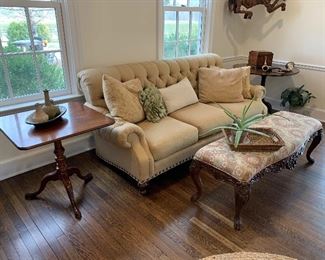 Sherrill upholstered sofa, tilt top tables and bench