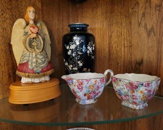 Cloisonne vase, chintz cream & sugar & angel music box