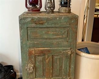 Green wooden refridgerator, large crock