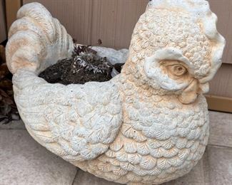 Cement chicken planter. Bawk! Bawk, bawk, bawk, bawk!