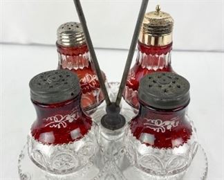 Tiffin Kings Crown Thumbprint Cranberry Glass Cruet Set 