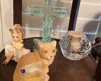 signed crystal cross -  and kosta boda candle holder - and more 