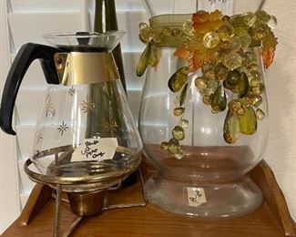 vintage pyrex coffee carafe and stand =   glass vase w/ crystal decor 