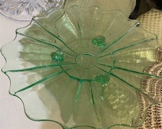 green depression glass footed dish  super bright !!