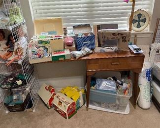mid century sewing table = vintage sewing machine- TONS OF SEWING NOTIONS -    AND VINTAGE TOYS-DOLLS - a great sale !!