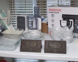 LOTS OF CUTE AND USEFUL KITCHEN ITEMS, BARELY USED. INCLUDING A PHISINIC STANDING MIXER NEVER OUT OF THE BOX.