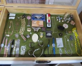 AMAZING COLLECTION OF VINTAGE JEWELRY INCLUDING UNCURULATED COINS & MORE.