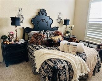 Black, queen, ornate bed, queen comforter, nightstands, bedroom furniture